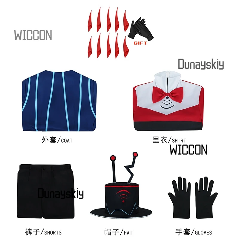 مجموعة كاملة من أزياء Hazbin Vox بدلة أنيمي باللون الأزرق والأحمر مع ملحقات ثلاثية الأبعاد معطف موحد للبالغين في كرنفال الهالوين وعيد الميلاد