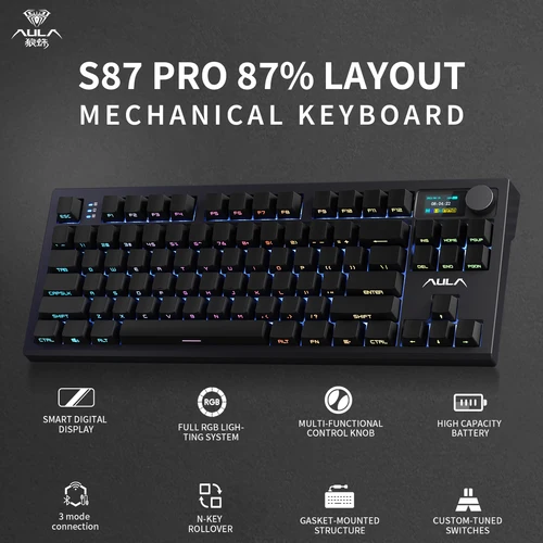 Teclado mecánico AULA S87 PRO, retroiluminación RGB personalizada, teclado inalámbrico para juegos Bluetooth con perilla de pantalla, junta de intercambio en caliente