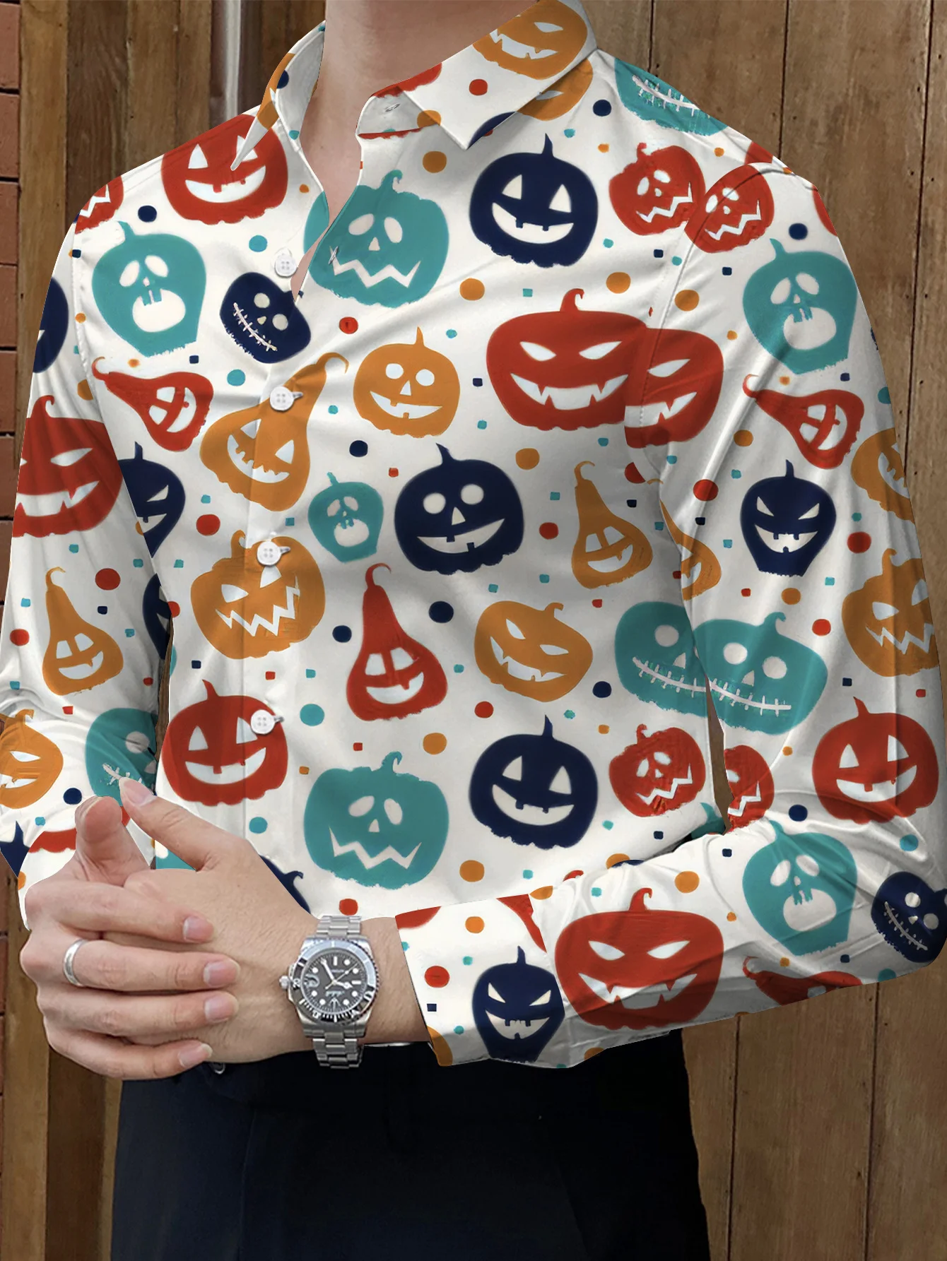Men's Long Sleeve Shirt Halloween Colorful Pumpkin Face Print Lapel Button‑Up Casual Party Festival Streetwear Men Clothing
