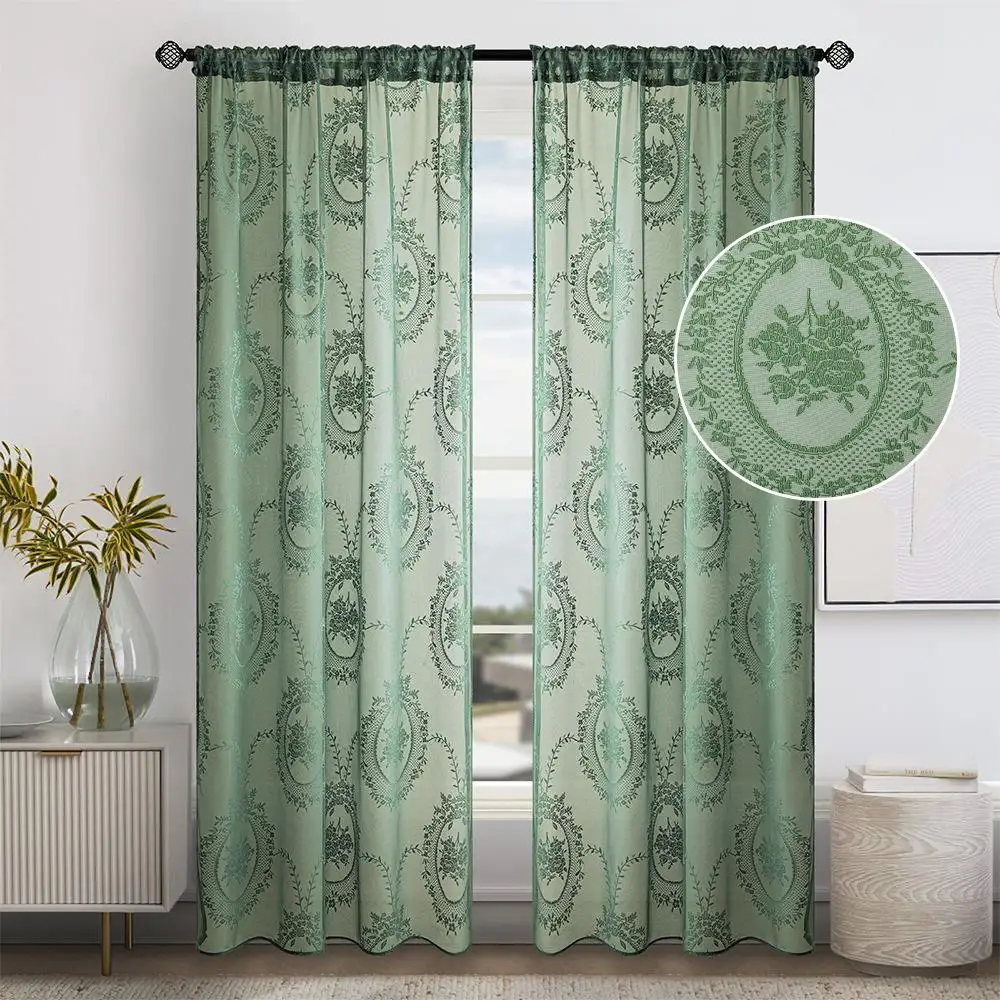 2pcs Floral Embroidered Sheer Curtains Set - Rod Pocket Design for Living Room Bedroom Dining Balcony Decor Mac
