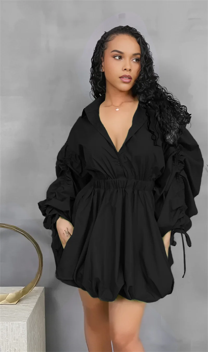 Doyerl Sukienka koszulowa damska z długim rękawem, marszczona, ze sznurkiem, kołnierzykiem, zapinana na guziki, z wysokim stanem, na imprezę klubową, w kształcie litery A, bufiaste mini