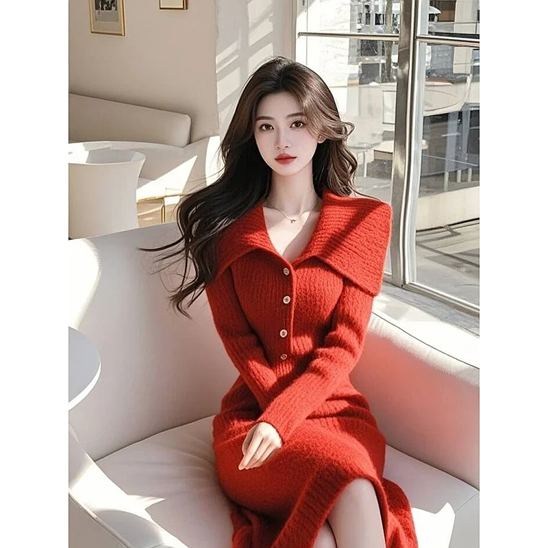Outono inverno feminino ancara vermelho malha camisola vestido fino ajuste estilo tweed manga longa bodycon vestido para camadas sofisticadas