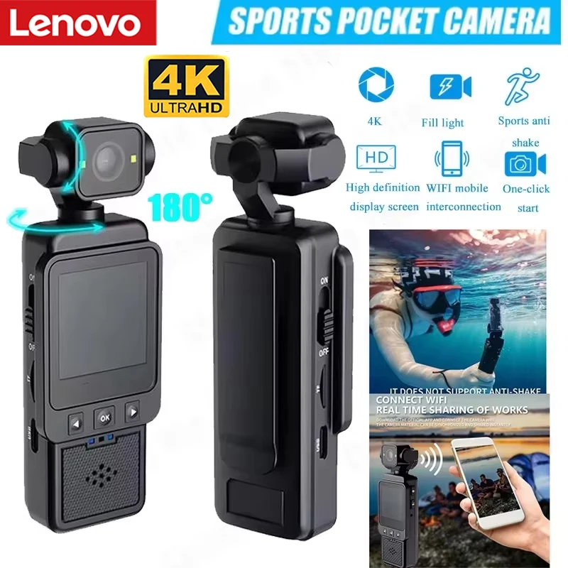 Caméra de poche sportive Lenovo 4K avec écran HD 180° °   Caméra vidéo WiFi sans fil rotative avec lumière d'appoint intégrée et détection de mouvement
