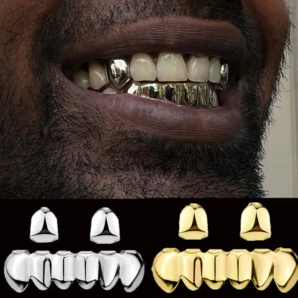 RACHELZ Gold Silver Color DIY 2/6 Top Bottom Glossy Teeth Grillz Hip Hip Tooth Caps For Women Men Jewelry Halloween Gift