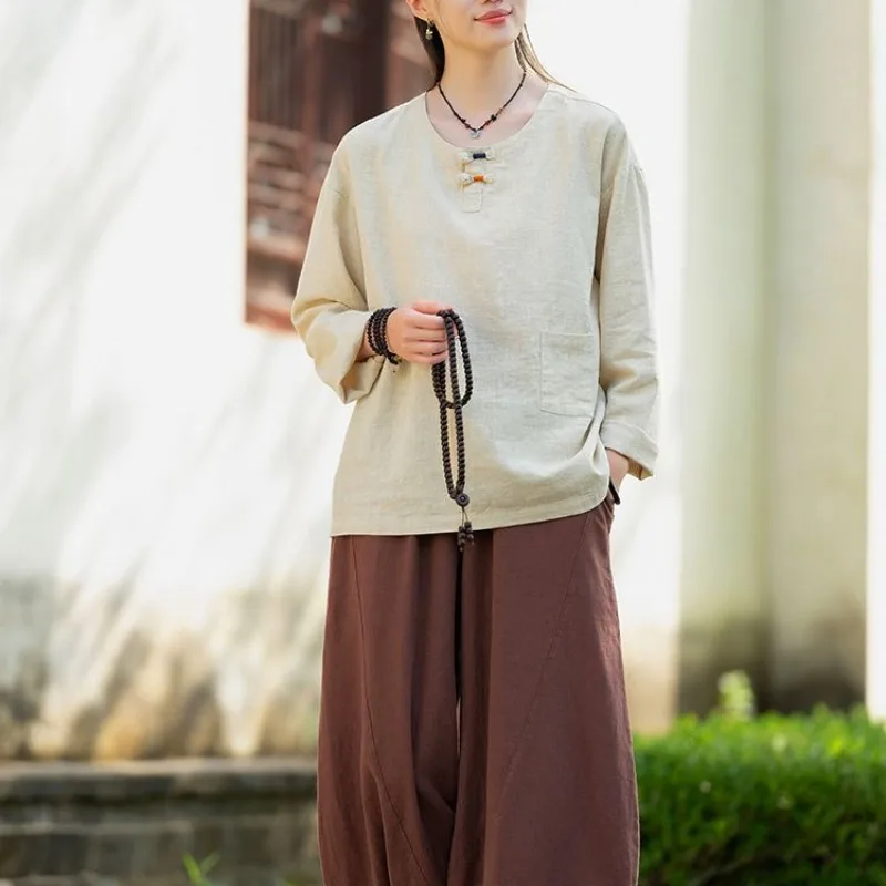 

Женская хлопково-льняная футболка с длинным рукавом, больших размеров, на пуговицах, винтажная базовая рубашка, художественный свободный крой, дышащая, весна-лето