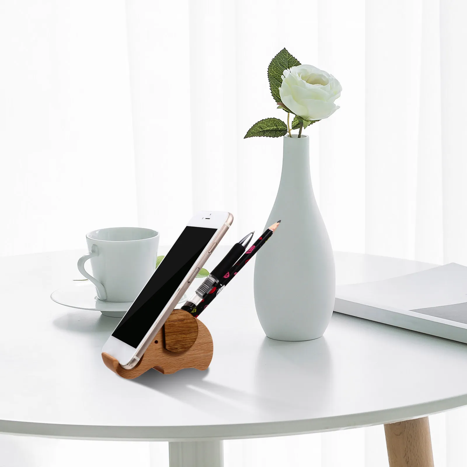 1Pcs Wooden Elephant Phone Stand Desktop Holder for Cell Phones Tablets Pen Storage Lightweight Sturdy Eco-Friendly Wood Phone