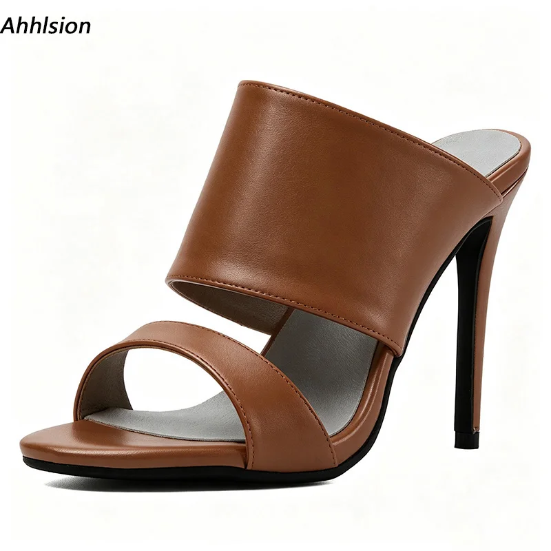 Ahhlsion Handmade Women Open Toe Two Strap Mules Sandals Slip On Faux Leather Stiletto High Heels Fashion Club Party Dress Heels