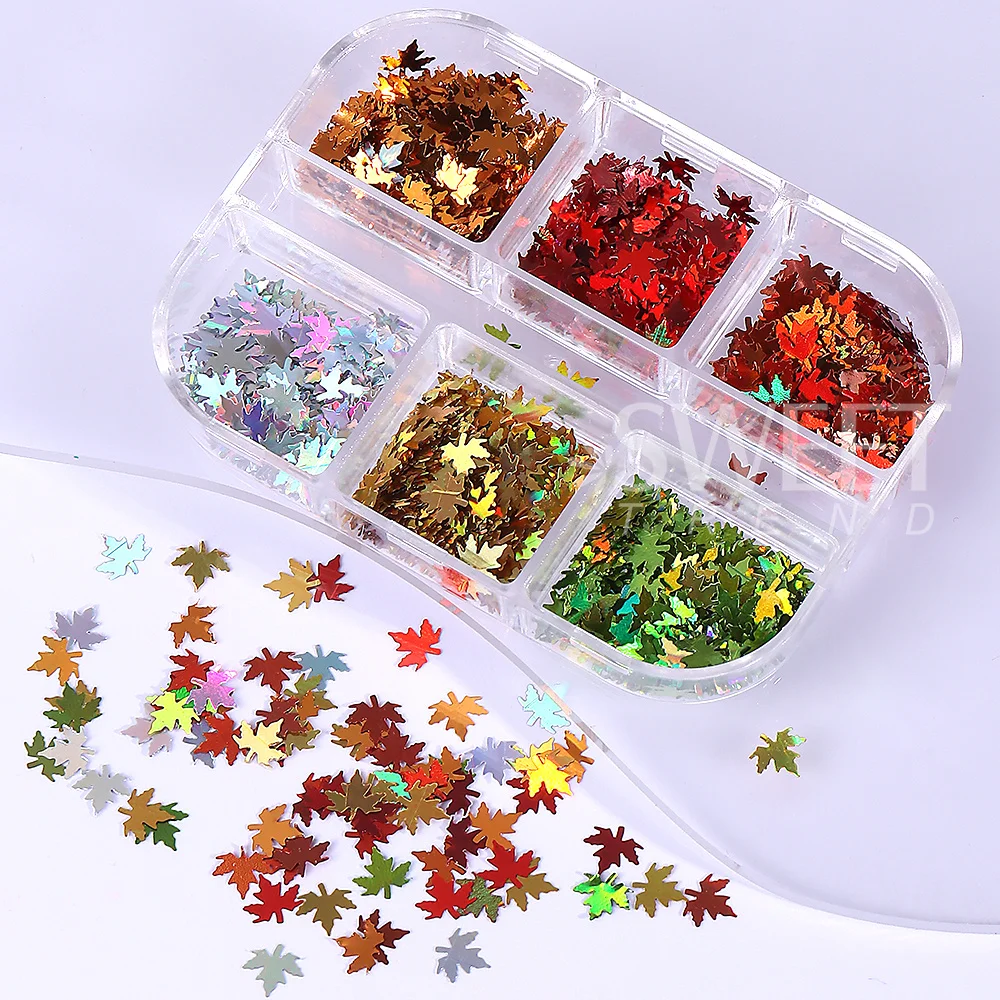 SWEET TREND-2 Boxed Autumn Maple Leaf Nail Art Sequins & Glitter Holographic Fall Leaf Flakes Manicure Decorations Accessories