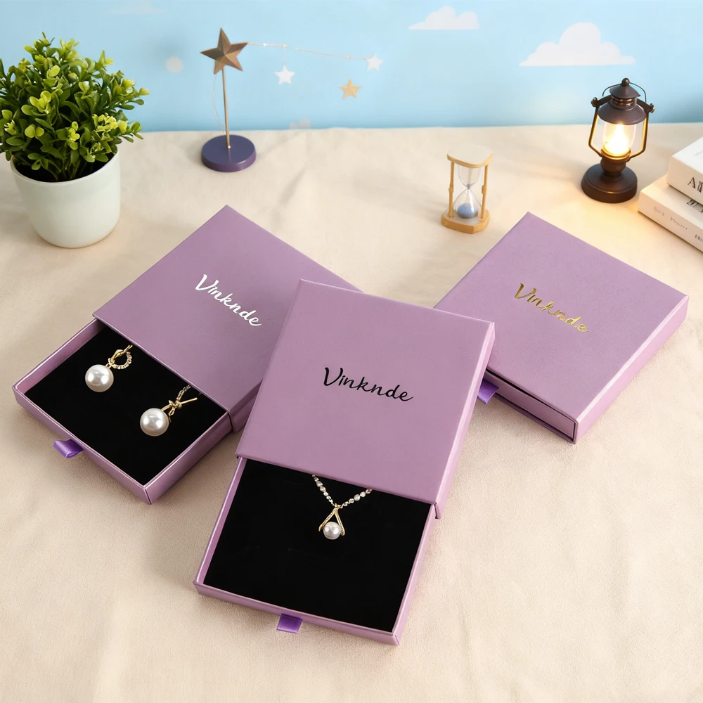 

Luxury Personalization Sliding Purple Paper Cardboard Jewelry Gift Box Custom Logo Bracelet Earrings Rings Drawer Packaging Case