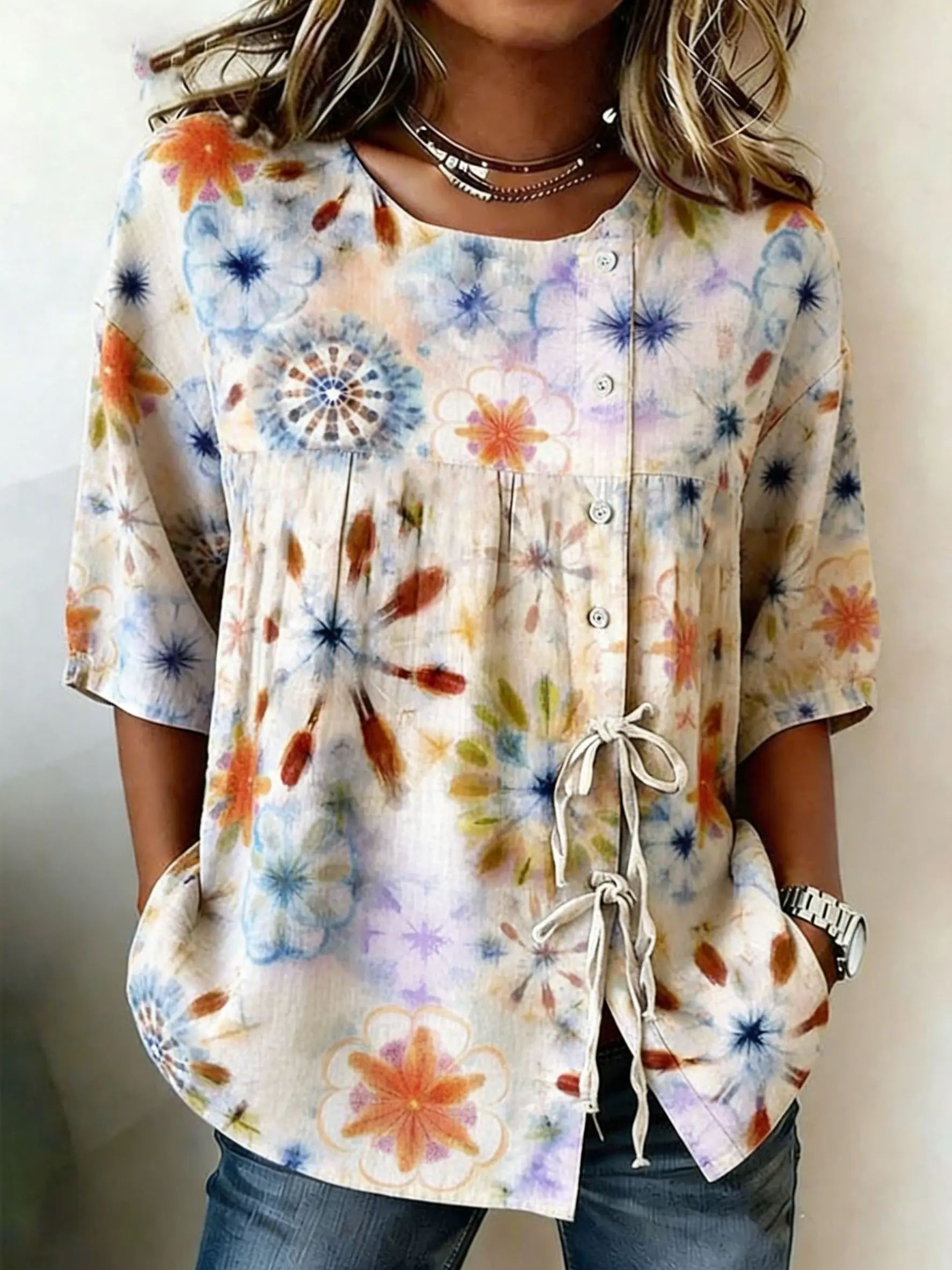 

Women's Boho Tie-Dye Floral Print Casual Blouse, Button Tie Front Loose Top for Spring Summer Daily Wear