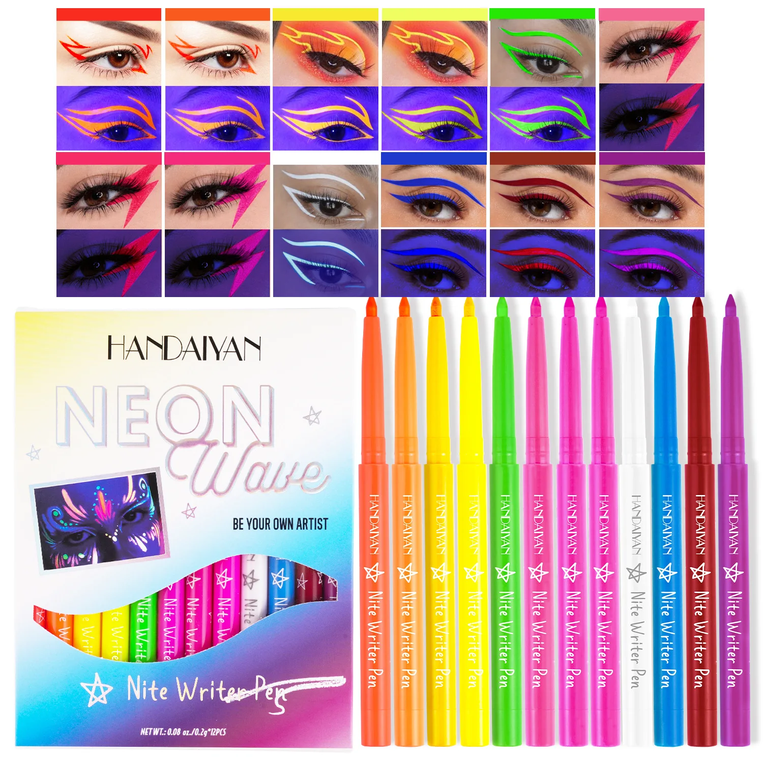 handaiyan 12 colours fluorescent eyeliner set colourful UV eyeliner gel pen waterproof oil-proof eyeliner