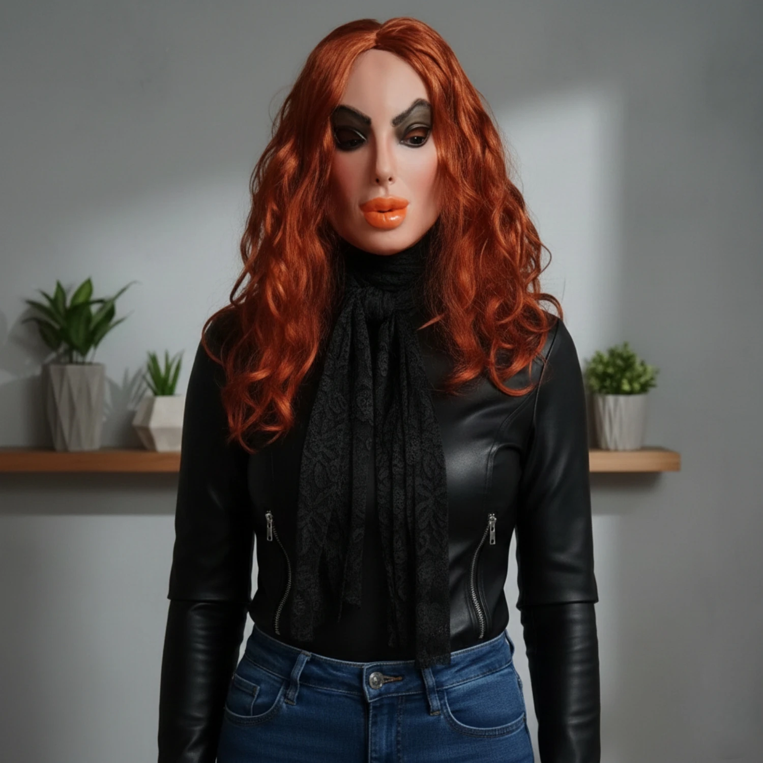 

Adult Latex Mask with Long Wavy Wig Set, Realistic Big Mouth Face Mask for Halloween Party Cosplay Costume Props