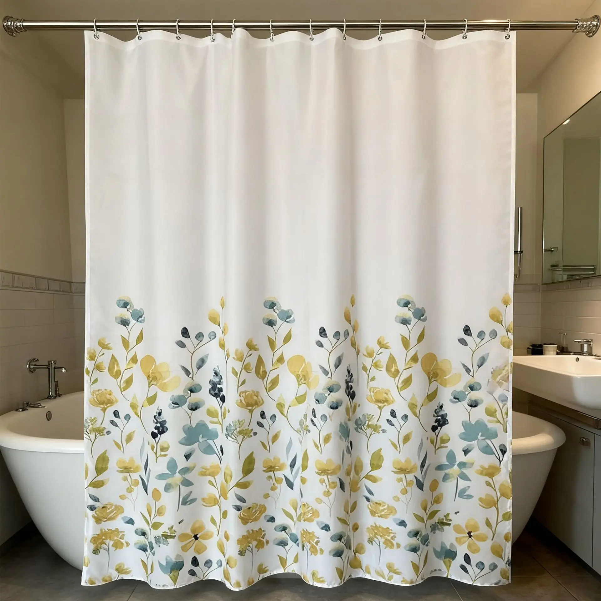

Blue Gray Pebble Shower Curtain Watercolor Pattern Modern Bathroom Decor Ocean Inspired Design Calm Aesthetic Home Accessory