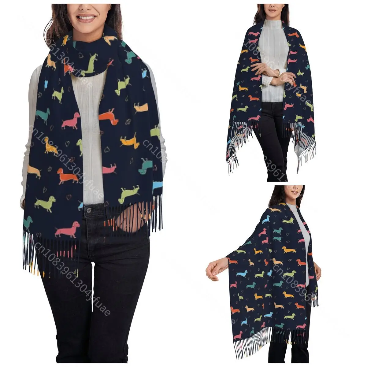 Womens Tassel Scarf Sausage Dog Long Super Soft Shawl and Wrap Dachshund Wiener Doxie Daily Wear Pashmina Scarves