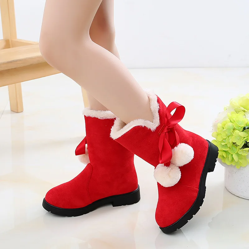 WinterGirls Add Velvet Cotton Boots Princess Children Fashion Snow Boots  Ribbon Bows Plush Poms Short Boots Antiskid Keep Warm