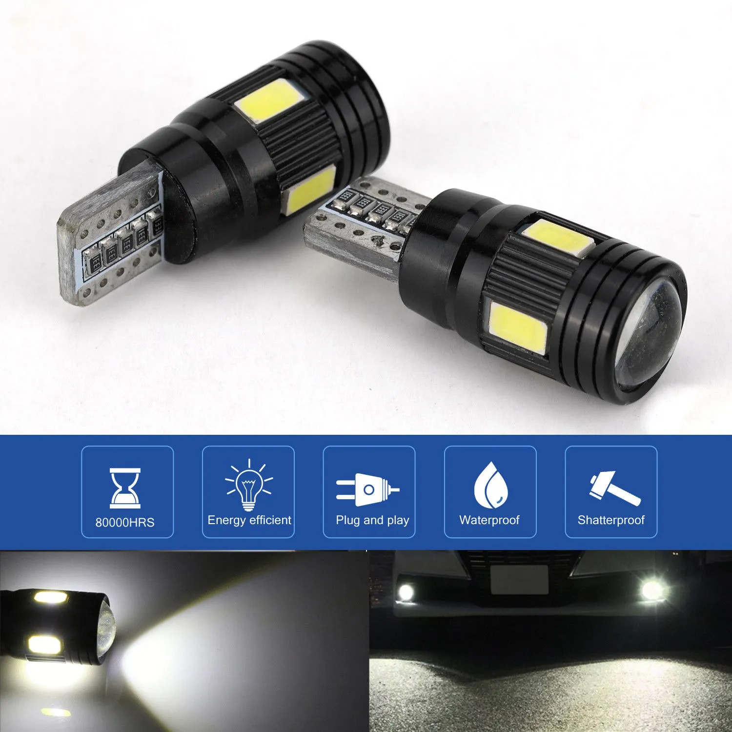 2 sztuki Samochodowe światło LED Canbus T10 5730 6Smd Bezbłędne żarówki 12V W5W 168 194 Soczewka