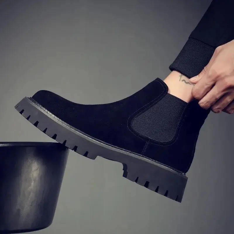 

Korean style mens casual chelsea boots genuine leather shoes outdoors platform black ankle boot zapatos de hombre bota masculina