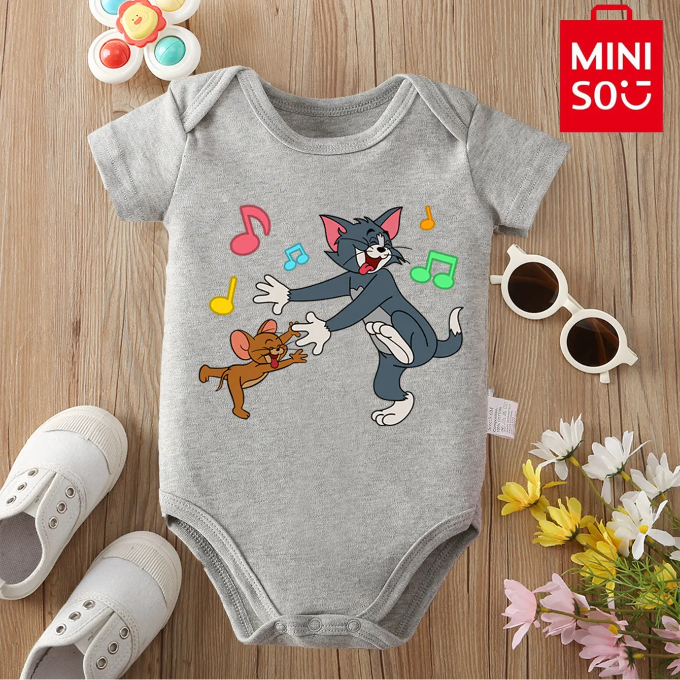 

MINISO 100% Cotton Tom and Jerry Cute Print Bodysuit Baby Soft Cloths Gift for Baby Onesie Jumpsuit for 0 To 12 Months Newborn