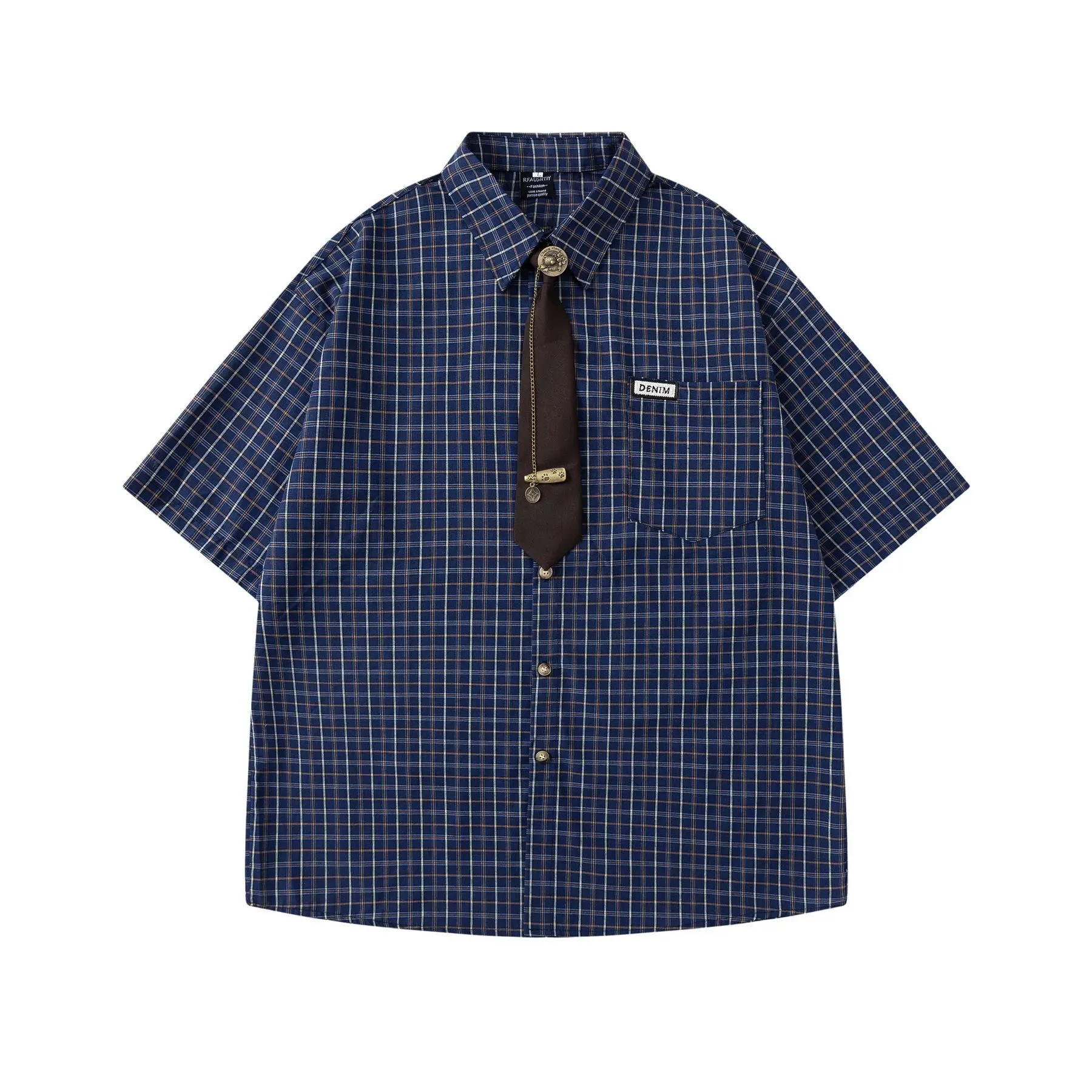 Trendy Men's Plaid Tie Plaid Short Sleeve Shirt Y2K Unisex Streetwear Summer Loose Casual Hawaiian Vacation Dress Shirt