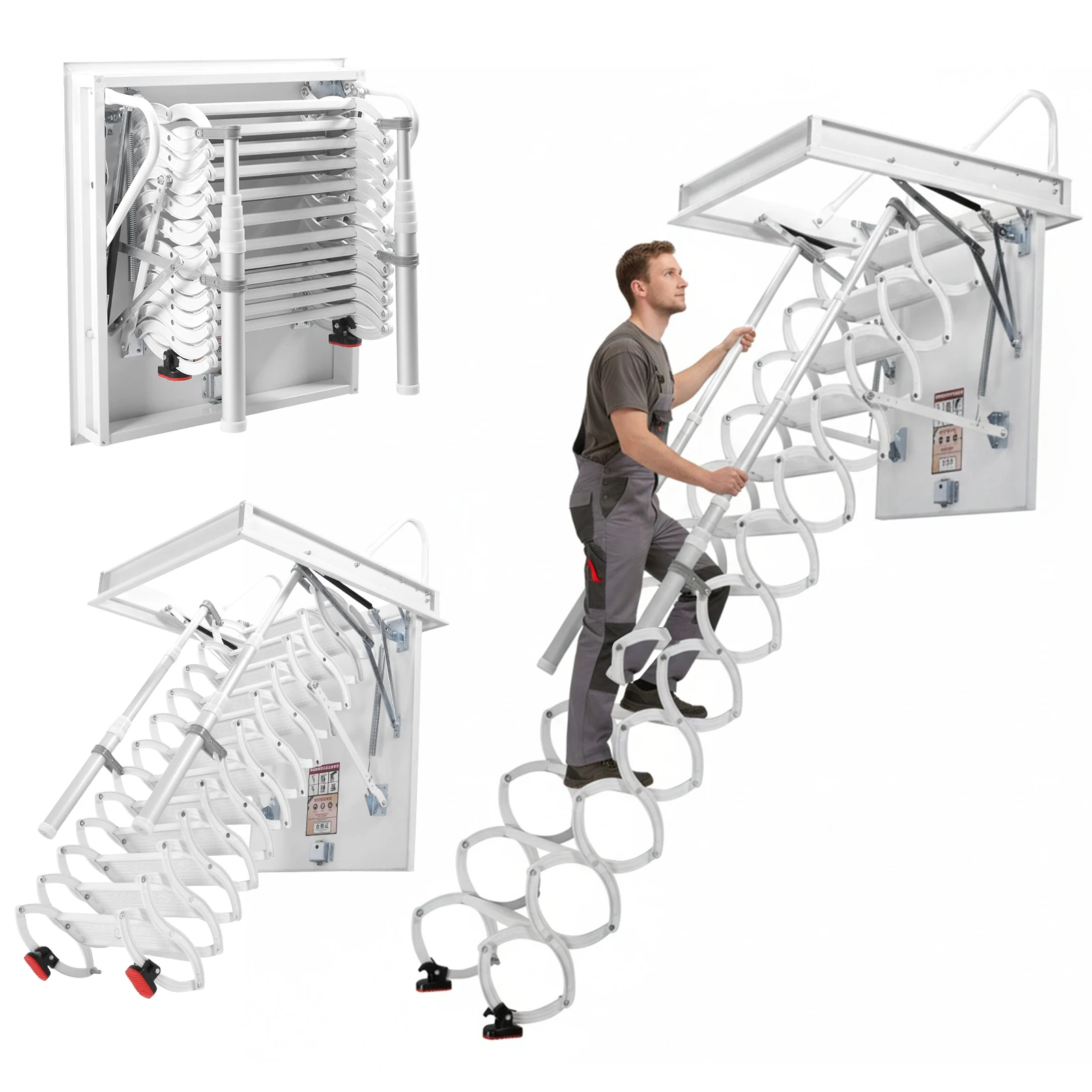 

12 Steps Folding Loft Ladders with Handrails Space-Saving Collapsible Stair 660LBS Capacity Height Adjustable for Rough Opening