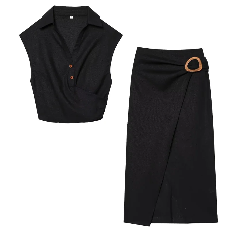 2025 feminino elegante moda casual terno plissado lapela blusa sem mangas e saia midi confortável com botões