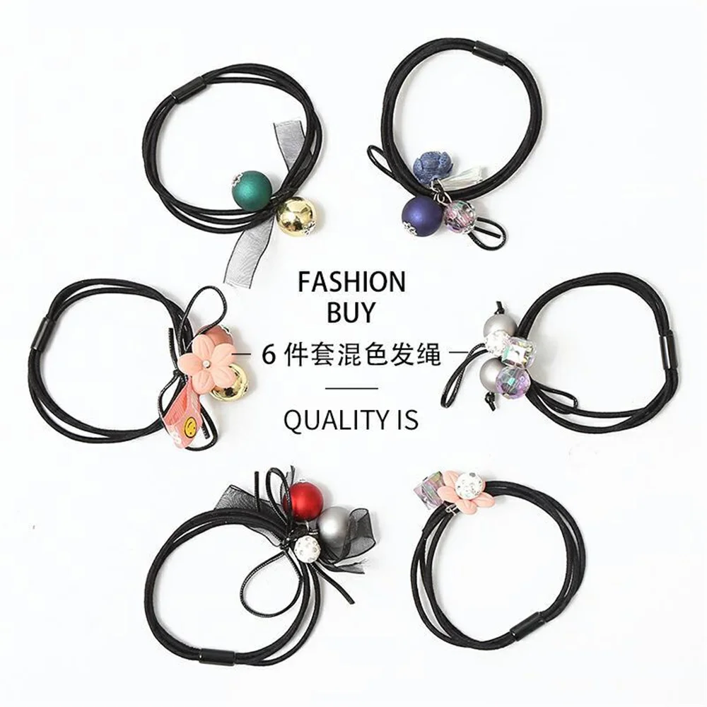 6Pcs/Set Flower Ball Crystal Ribbon Hair Bands Ring Women Girl Elegant Elastic Ponytail Holders Scrunchies Females Hair Ropes
