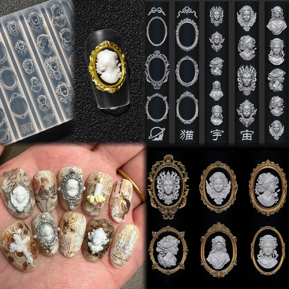 

1Pc European Style 3D Acrylic Nails Art Silicone Mold Accessories Vintage Baroque Photo Frame Beautiful Woman Diy Nails Mold