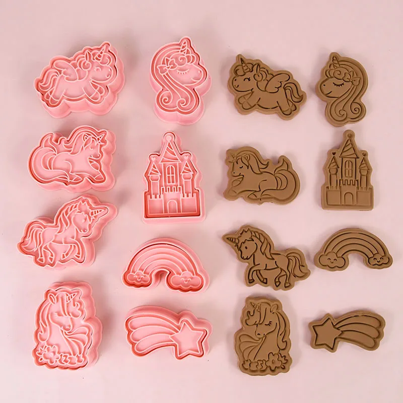 

8Pcs Unicorn Cookie Cutters Plastic Cartoon Pressable Biscuit Mold Kids Birthday Party Favors Kitchen Baking Pastry Tools