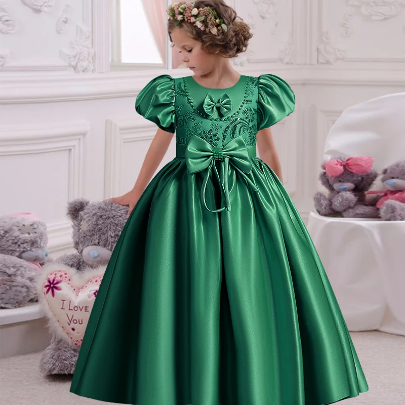 3-10T Girls\' Wedding Beaded Bubble Sleeve Spinning Satin Solid Long Dress New Princess Formal Eucharist Prom Party Evening Dress