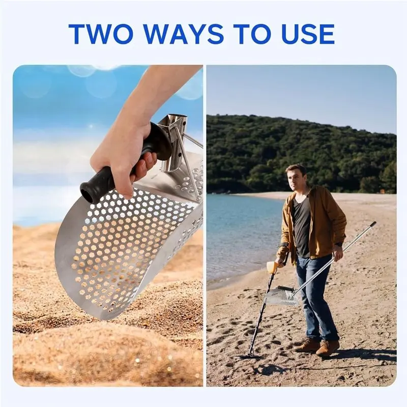 AS96-Large Sand Scoop With Long Handle Stainless Steel Heavy Duty Metal Detecting Sand Scoop For Beach Underwater Treasure Hunti