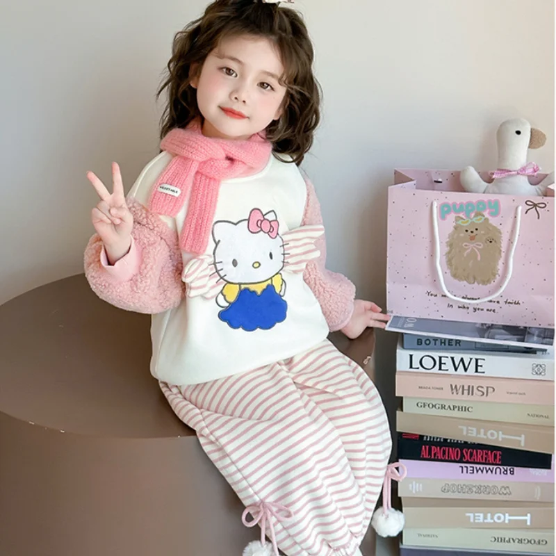 

Толстый теплый свитшот с милым котенком для девочек, 2 шт., осень-зима, новинка 2025, детский модный милый комплект свитшотов в стиле аниме