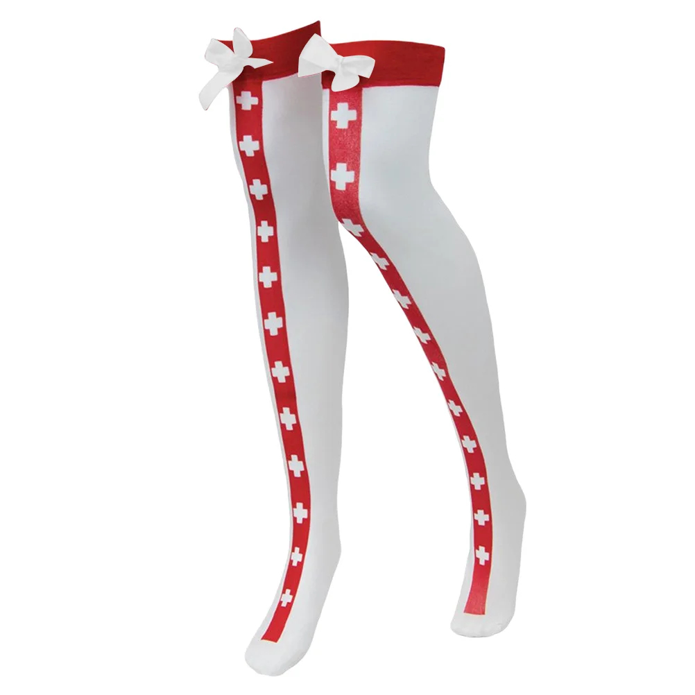 1 زوج الفخذ العليا ممرضة جوارب الأبيض ربطة القوس فيونكة تصميم لينة مرنة المضادة للانزلاق زي حفلة جوارب قطنية دافئة للنساء #3