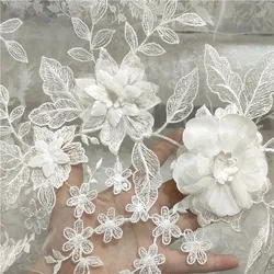 135CM Wide Wedding Lace 3d Fabric Appliqued Embroidery Gauze Florals Lace for Dress Gown Veils 2024 Latest Off White