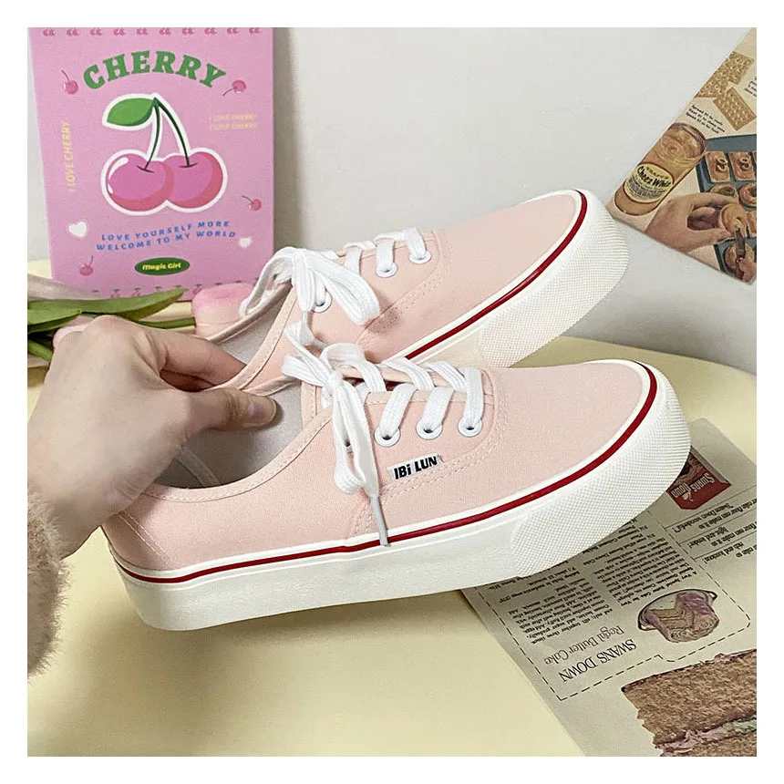 2024 Summer Women Flat Canvas Shoes Girls Students Solid Color Sneakers Lace Up Pink Tennis Shoes Black Casual Shoes 35-40