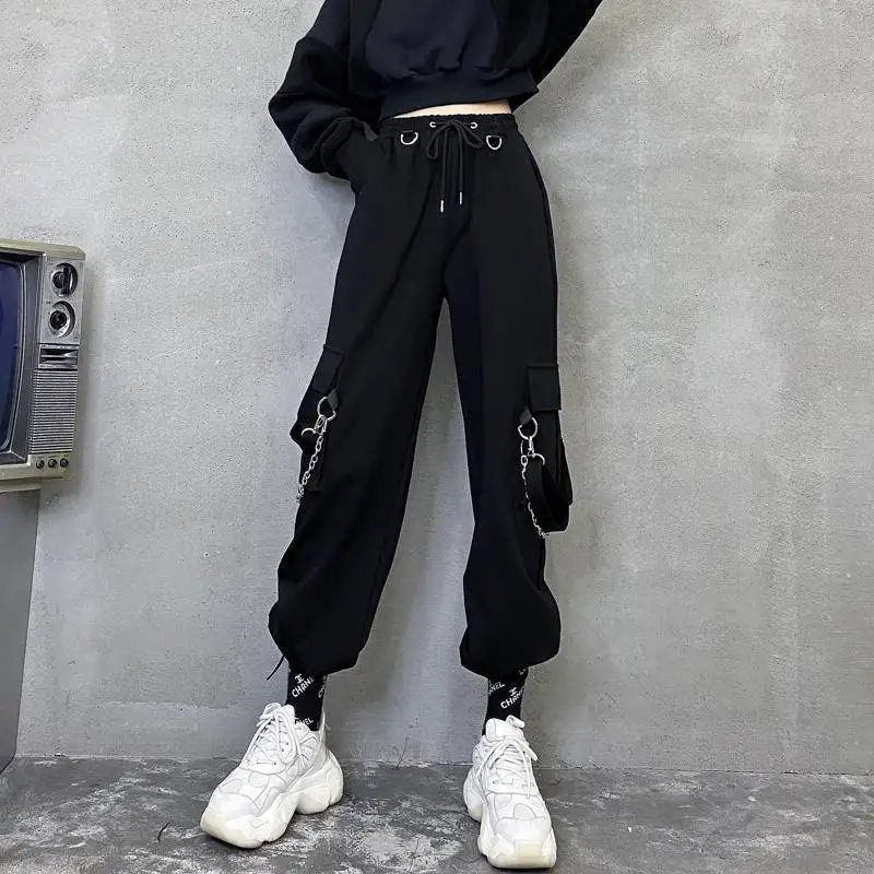 

Cargo Pants Women Harajuku Black High Waisted Pants Women Streetwear Oversize Ribbons Trousers For Female