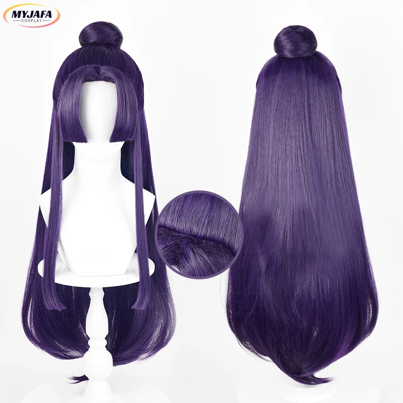 Jinshi Cosplay Wig Anime Long Dark Purple With Bun Heat Resistant Synthetic Hair Party Unisex Wigs + Wig Cap