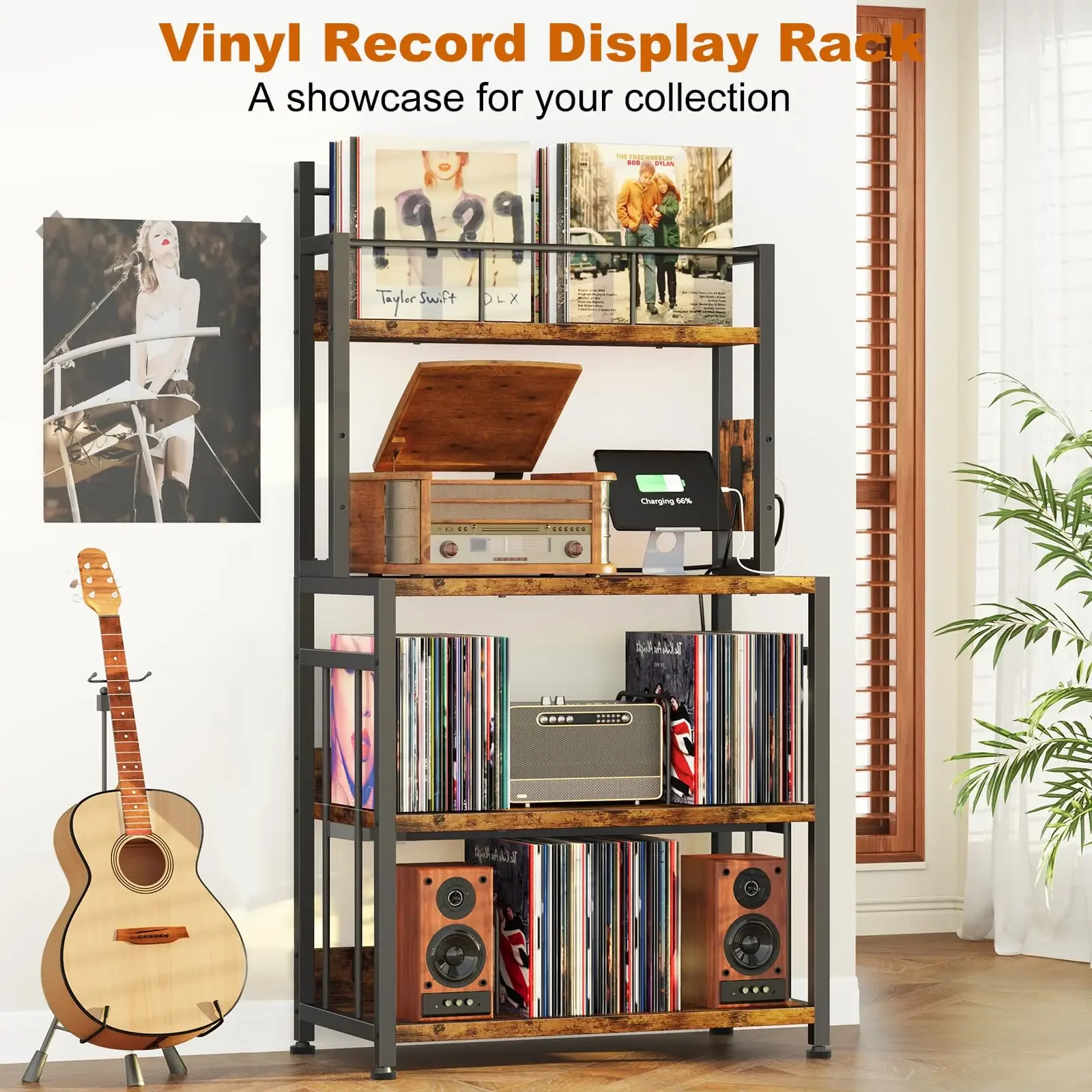 

Hooqu Multifunction Record Player Stand Vinyl Record Display Rack Vinyl Record Stand With Charge Station