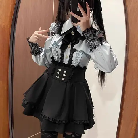 Jirai kei Shirt JK Skirt Japanese Style Lolita Y2K Sweet School Uniform Blouse Top Dress Darkness Outfit Women Girls Theme Party