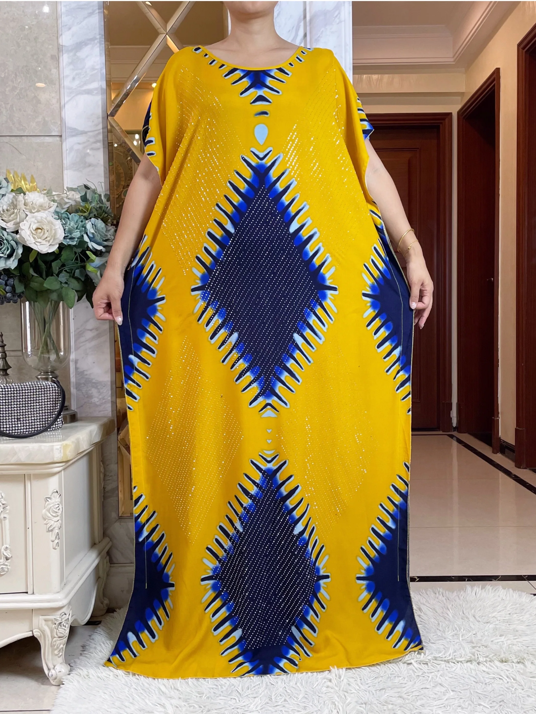 2024 African Summer Short Sleeve Dashiki Dress with Big Scarf Loose Boubou Maxi Islam Women Casual Dress Diamonds Abaya Clothes