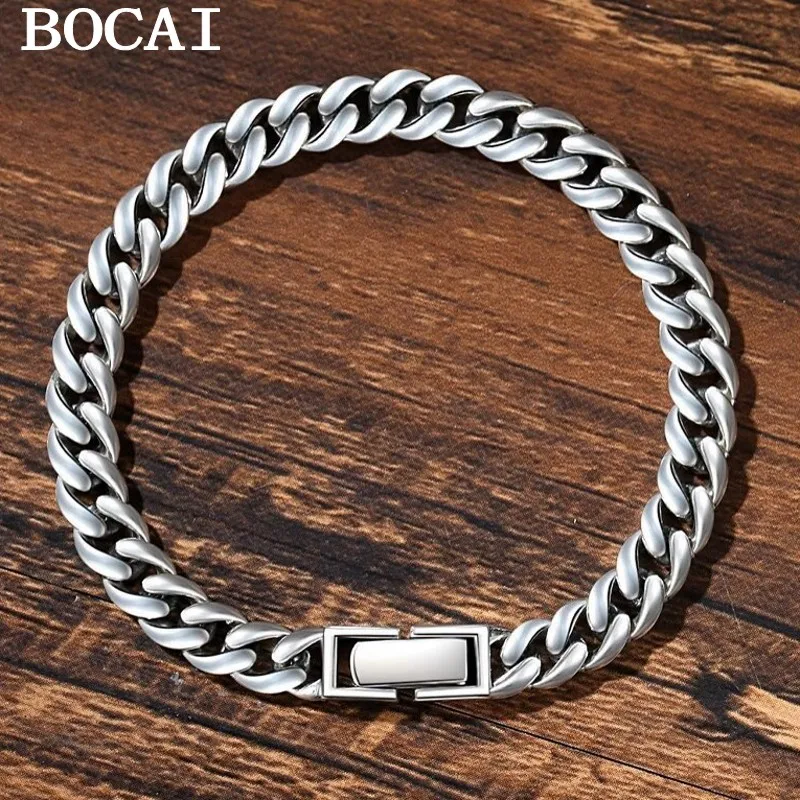 

BOCAI NEW S925 Sterling Silver Hip-hop Minimalist Personality Cuban Bracelet Men's And Women's Gifts