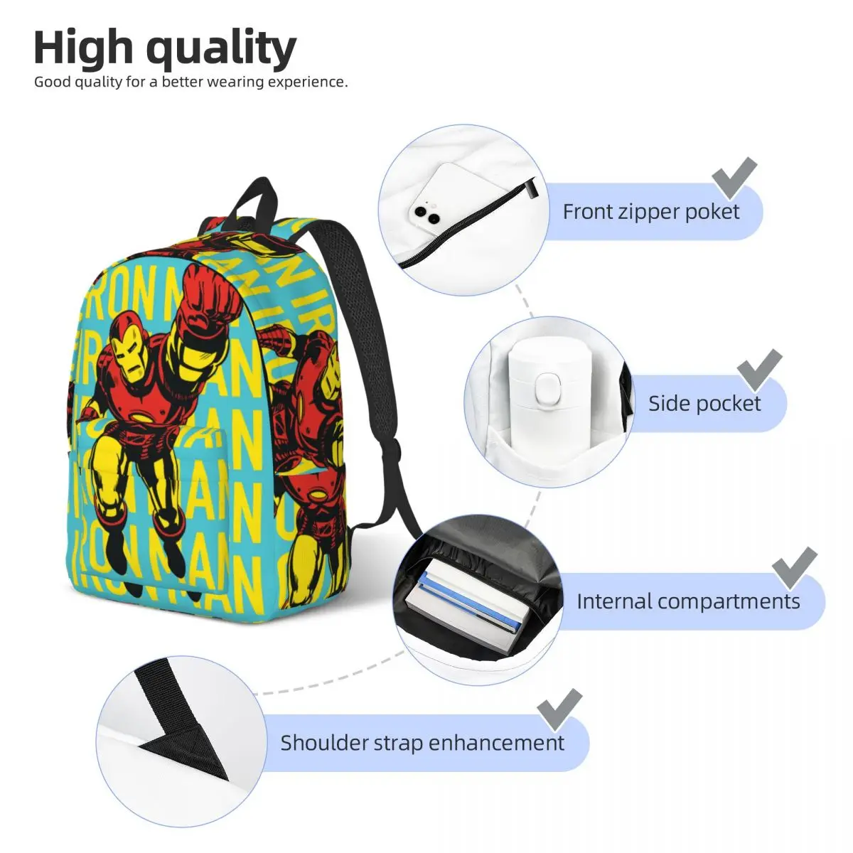 Iron Man Canvas Daypack para estudante do ensino médio, Bookbag para adolescentes, Mochila de caminhada, Escola