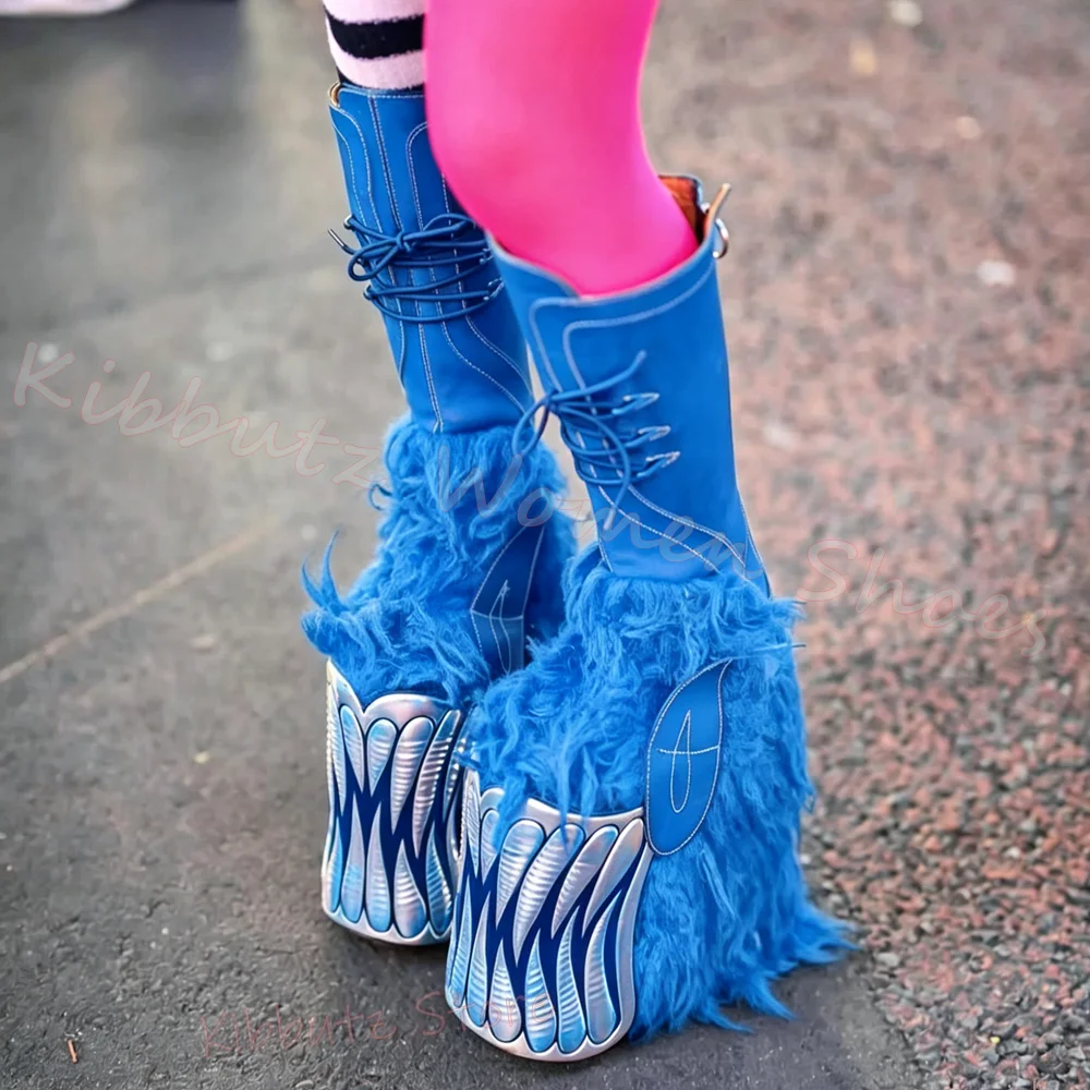 Plateau-Stiefel, kniehoch, pelzig, Monster-Schnürstiefel, Neuheit, Gothic, Horror, Cosplay-Schuhe, Halloween-Party, Bühne, einfarbig, Leder, neu