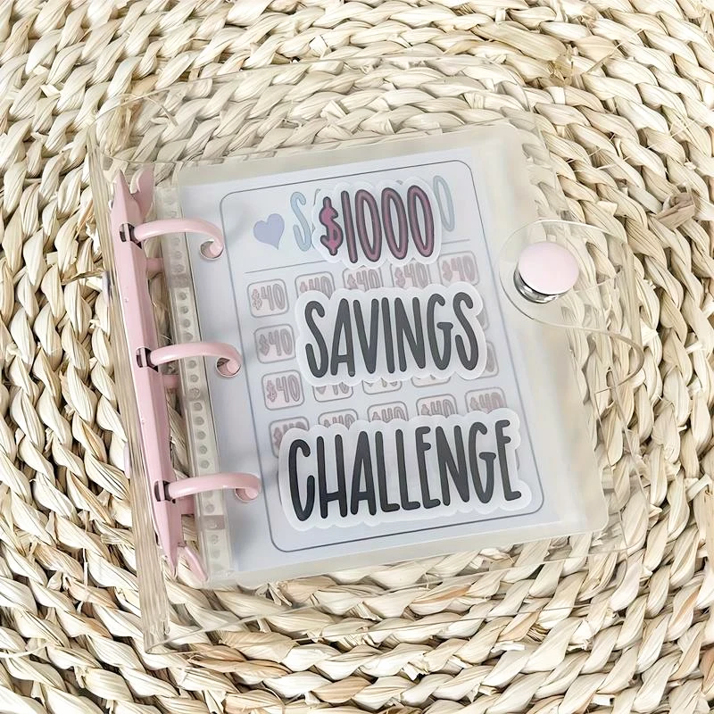 3-Hole Mini Money Saving Challenge Binder with Envelopes PVC Savings $1000 Cash Storage Book