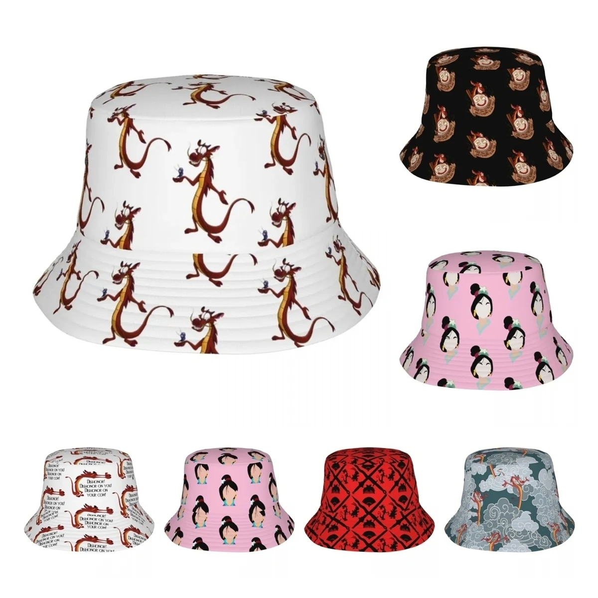 Mulan Mushu Pattern Bucket Hats Spring Picnic Headwear Accessories Fishing Cap for Outdoor Sport Unisex Bob Hat Packable