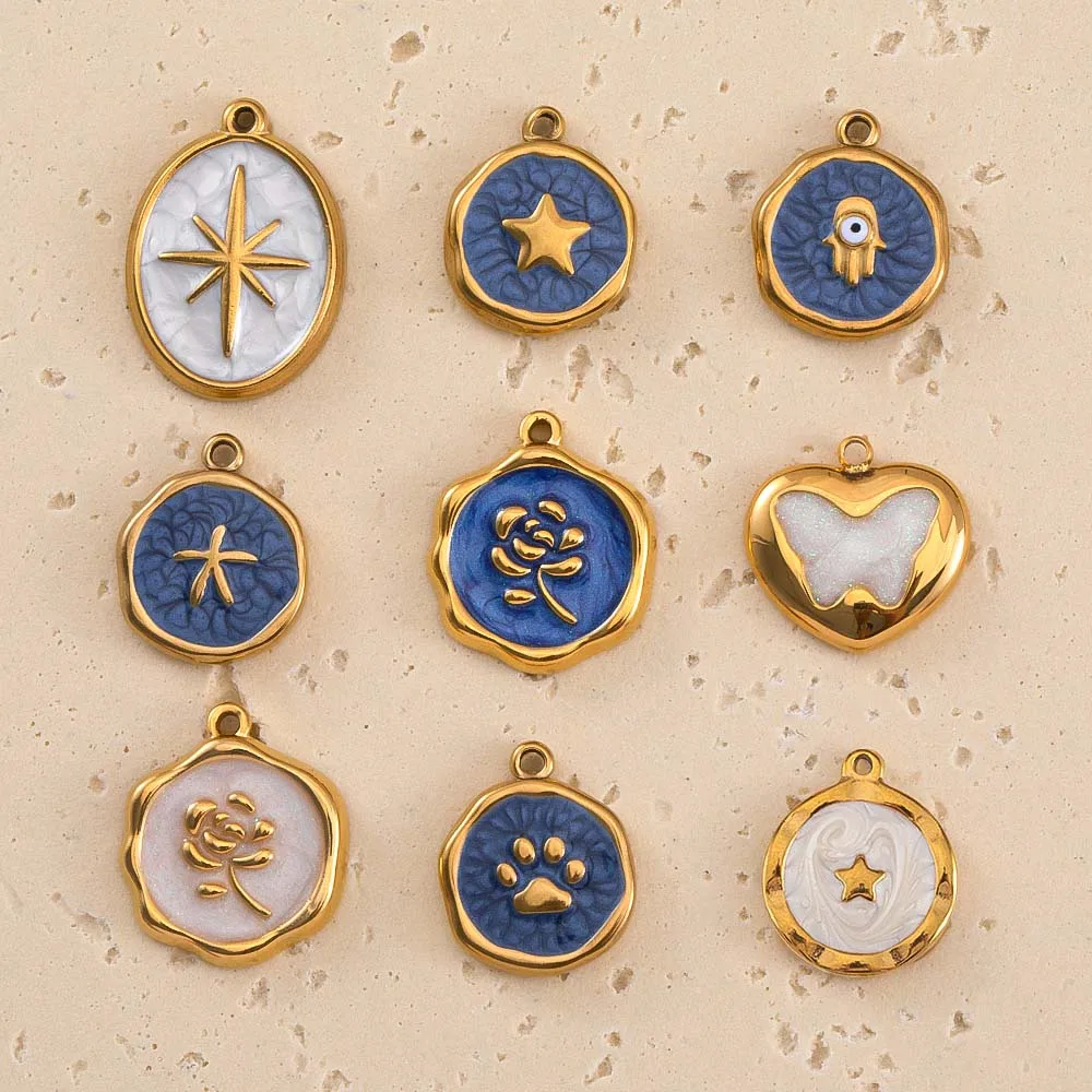 

8pcs Stainless Steel Enamel Star Heart Eye Shell Sun Round Random Charm Base Anklets Pendant DIY Earring Necklace Jewelry Making