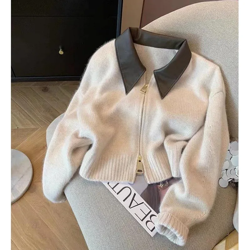 European 2024 New Autumn and Winter Leather Polo Collar Double Head Zipper Sweater Knitted Cardigan Coat Jacket Women