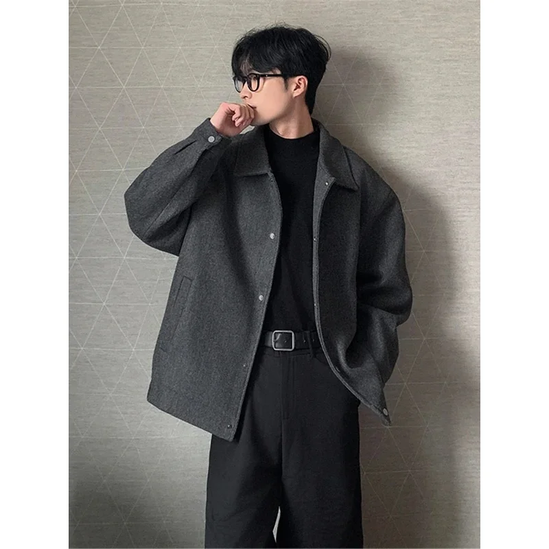 Men's Autumn Winter Korean Style Wool Look Jacket, Solid Color Notched Collar Single Breasted Loose Fit Casual Daily Outerwear
