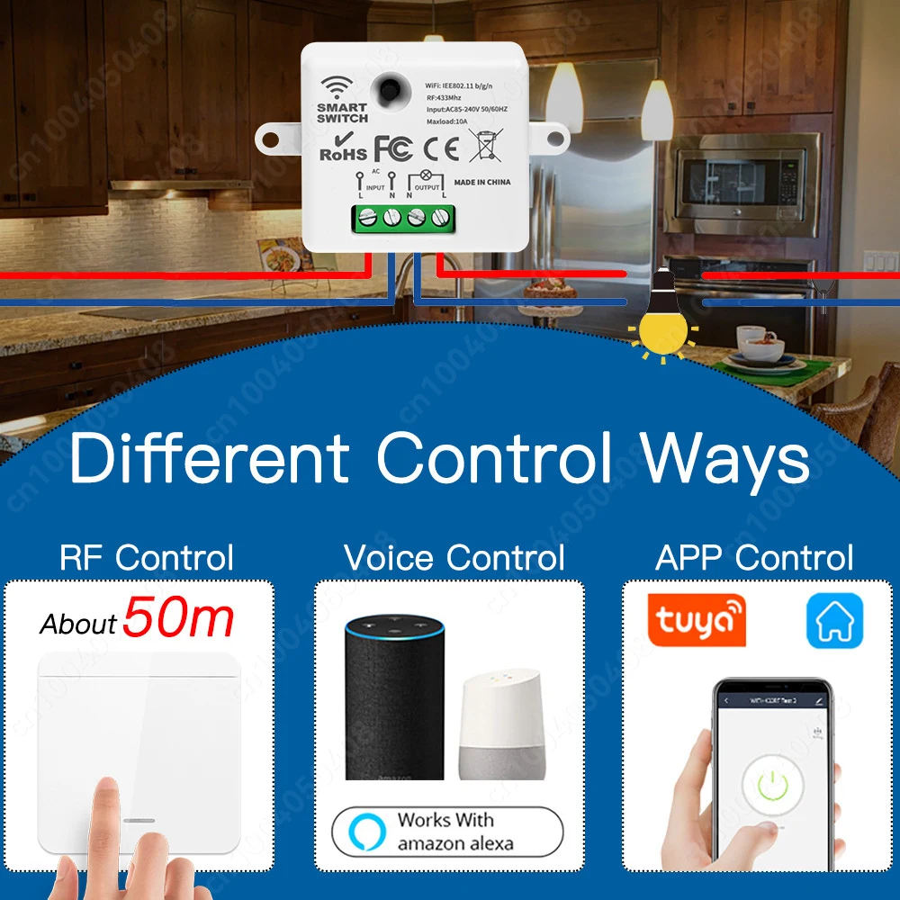 Wifi Smart Switch Tuya Smart Home Mini Relay Module AC85-240V RF433MHz Wall Panel Wireless Voice Control Works with Alexa Google
