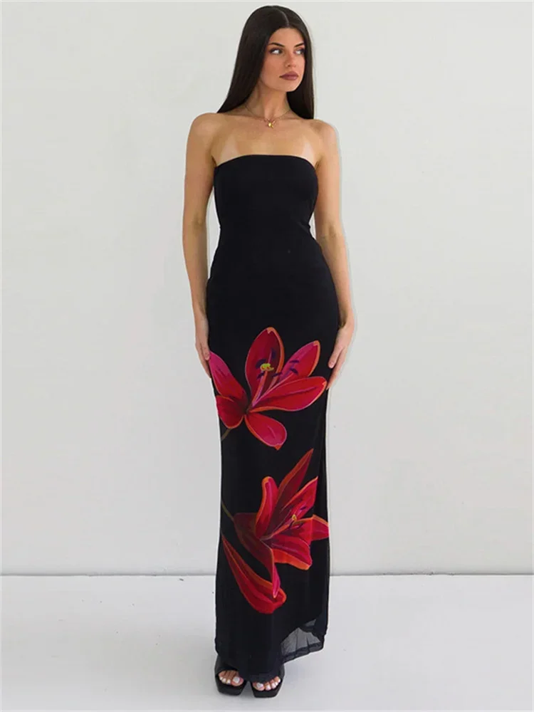 

Black Printed Lace-Up Long Dress For Women Slim Summer High Waist Backless Fashion Sexy Party Dress Women's Bandage Dress