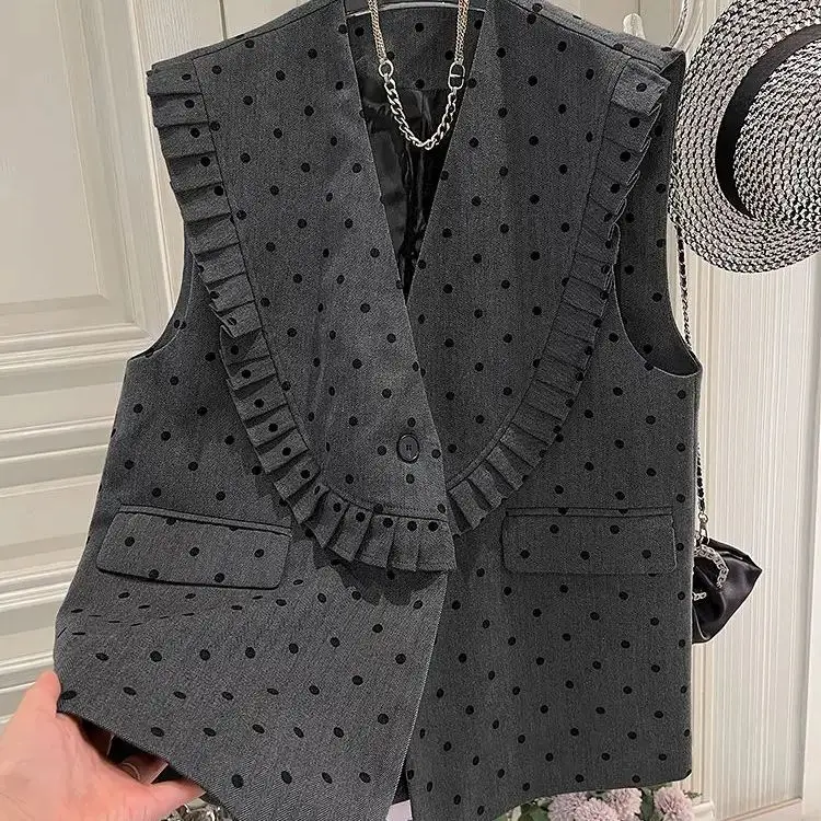 Polka Dot Vest Jacket Women Autumn New Korean Fashion Bow Print Slim Sleeveless Top Chic And Versatile Vest